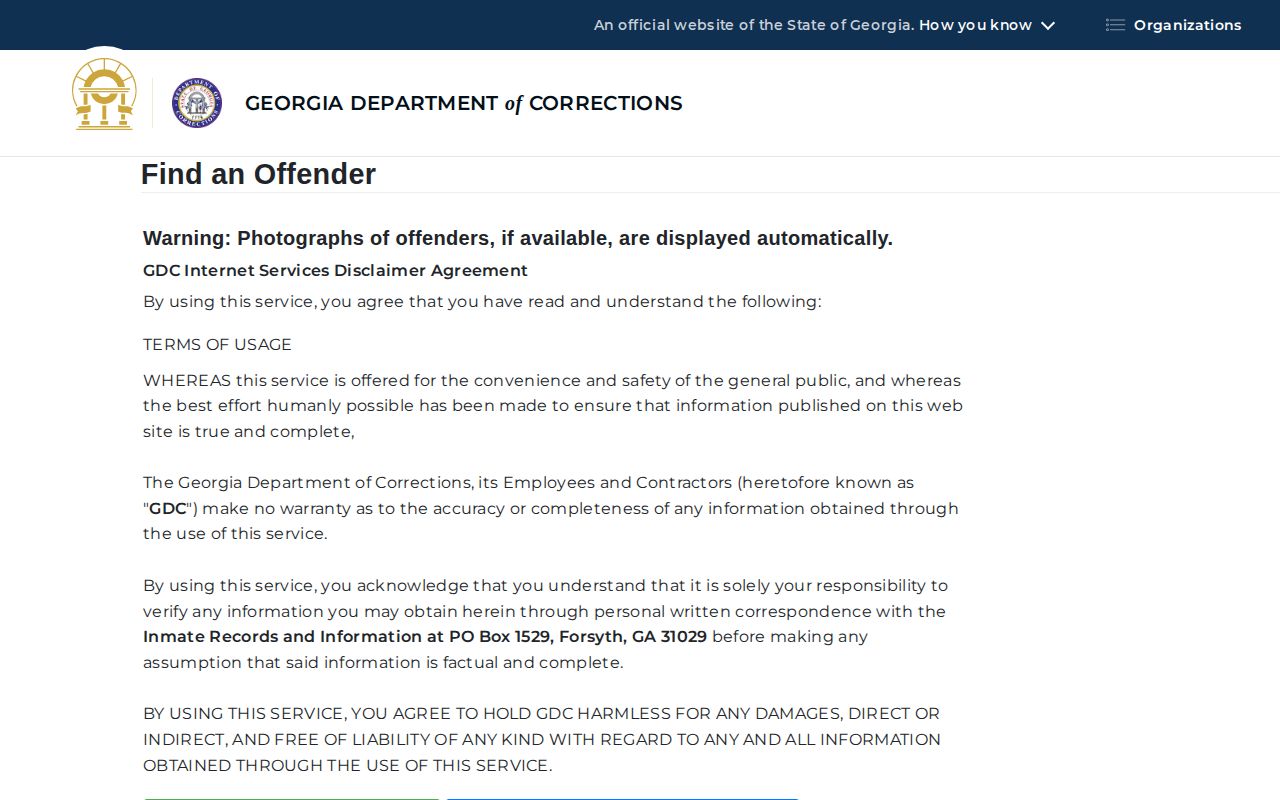 Georgia Department of Corrections Find an Offender search form